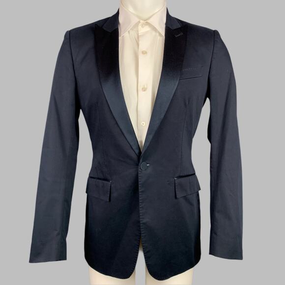BURBERRY Size 36 Navy Cotton Blend Peak Lapel Tuxedo Sport Coat - Picture 1 of 6